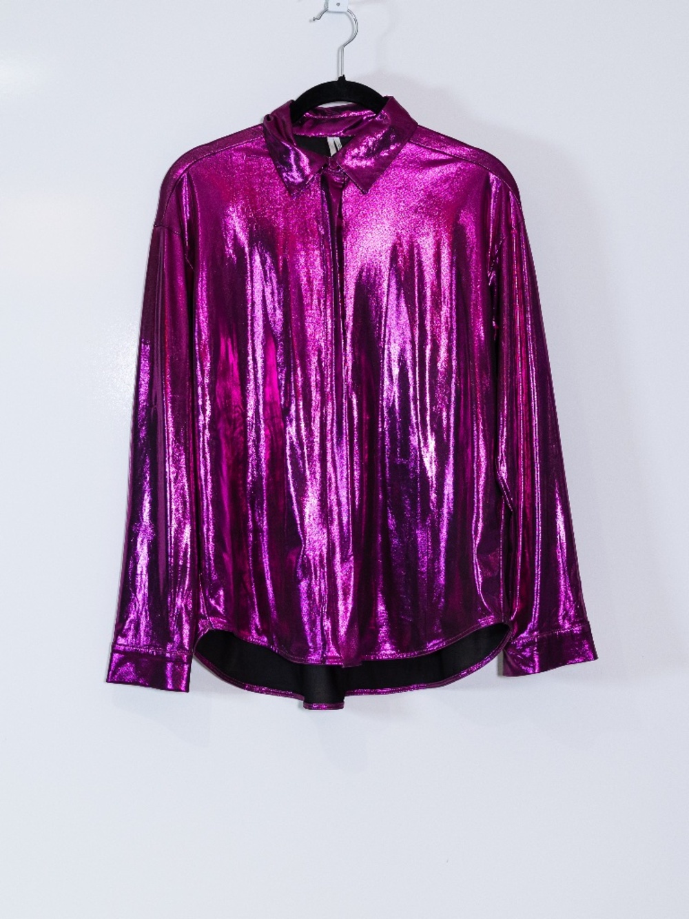 Anthropologie Shine Liquid Metallic Long Sleeve Collared Button Down Shirt Pink